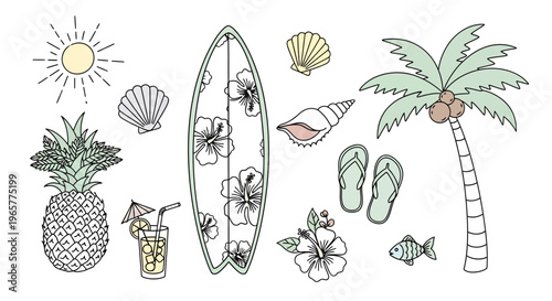 A serene beach scene with a surfboard palm tree pineapple and flip flops under sunny skies.