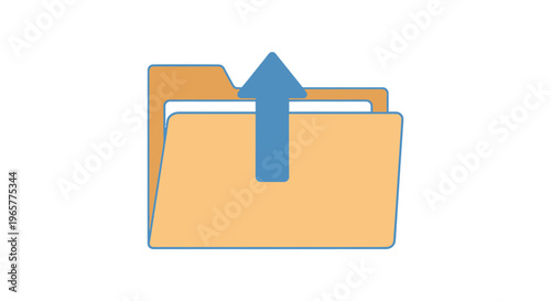An upward blue arrow points to a stacked pair of orange folders with white papers inside.