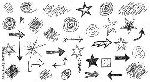 A collection of hand-drawn star and arrow icons with various line styles and shapes.