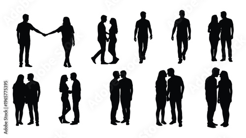 A collection of black silhouettes depicting couples embracing and walking together showcasing human connection silhouette high quality professional detailed