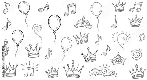 A celebratory scene with crowns, balloons, and music notes floating together