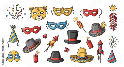 Party scene with colorful masks, hats, and fireworks decorations on display