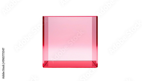 A translucent, ruby-colored cube glows against a stark black background. The geometric shape appears three-dimensional