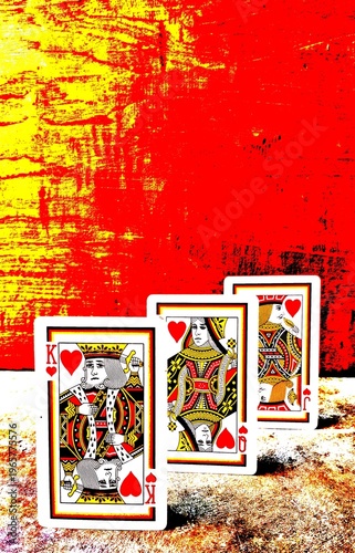 King, Queen, and Jack of Hearts on vibrant red grunge background. Artistic playing cards for gambling, casino, luck, and romantic strategy themes.