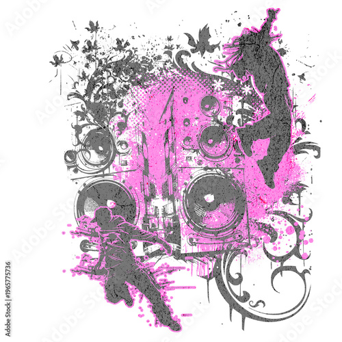 Urban Graffiti Art Style Graphic with Speakers, Hip Hop Dancers and Abstract Grunge Textures, Gray and Pink