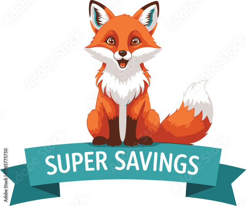 A cartoon fox with a teal banner promoting super savings