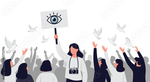 Flat 2D illustration of a diverse crowd protesting for freedom, with one person holding a sign featuring an eye, surrounded by doves in a simple, monochromatic style.