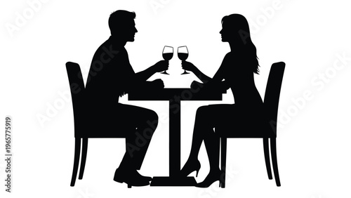 A romantic dinner scene depicting a couple enjoying wine together at a table presented as a silhouette high quality