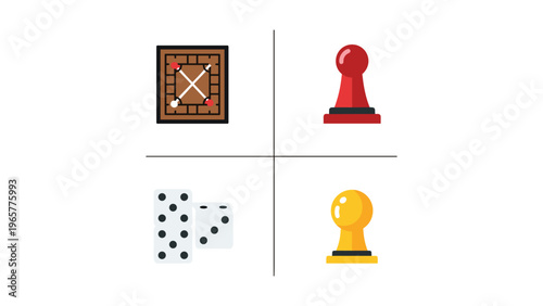 Chess pieces and game icons with pawns and chessboard elements