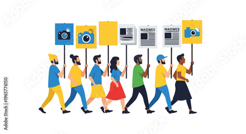 Flat 2D illustration of a diverse group of people protesting for freedom and media rights with colorful signs against a clean white background.