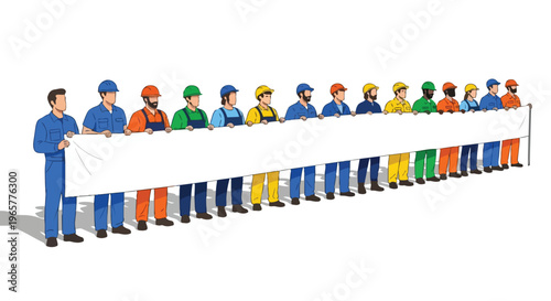 Flat 2D illustration of workers in various colored uniforms and hard hats holding a long white banner for labor union concept