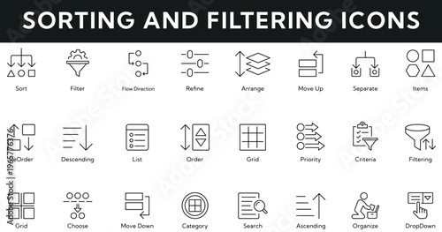 Sorting and Filtering icon collection contains flow direction, refine, arrange, separate, move, items, criteria, list, order, grid, organize, category. Editable stroke vector illustration icon set