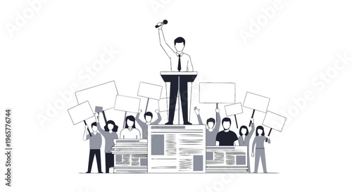 A man stands on a podium, holding a megaphone, surrounded by a crowd of people holding protest signs in a flat 2D illustration conveying freedom and media, with a simple monochromatic color scheme.