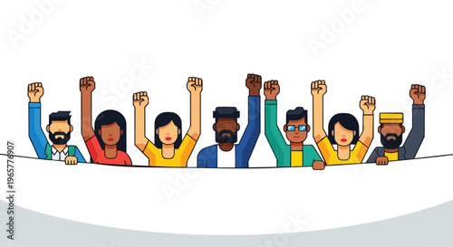 Flat 2D illustration of diverse workers protesting with raised fists behind a banner in a labor union concept.