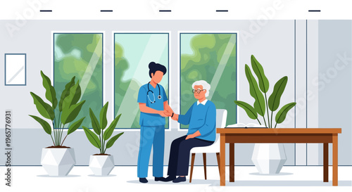 Doctor Checking Senior Patient Pulse in Clinic