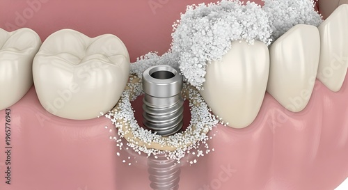 Dental implant surgery, bone graft and tooth replacement illustration