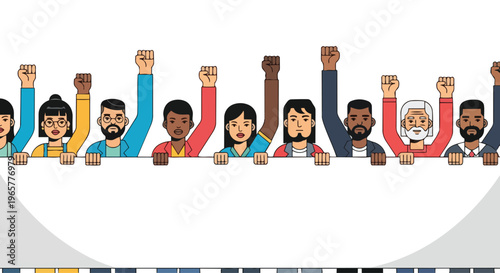Flat 2D illustration of diverse workers protesting with raised fists and a banner in a labor union concept.