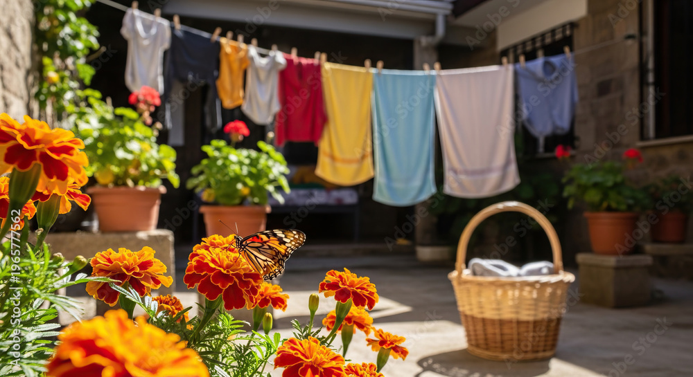 Fototapeta premium Colorful clothes hanging on a line in a courtyard with blooming marigolds and a butterfly resting on flowers in the foreground