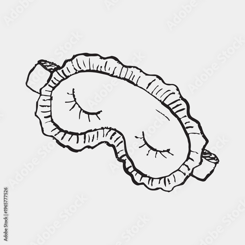 Black and white sleep mask with cute eyelashes. Cozy accessory for rest, travel, or wellness. Hand drawn vector sketch illustration in vintage crayon charcoal style.