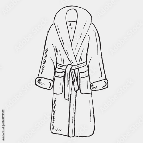 Black and white bath robe drawing. Cozy spa or home apparel clothes. Hand drawn vector sketch illustration in vintage crayon charcoal style