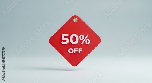 Red discount tag with 50% off text displayed on a light gray background, ideal for promotional marketing and sales advertising