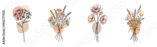 Abstract floral bouquet illustrations with pastel color accents