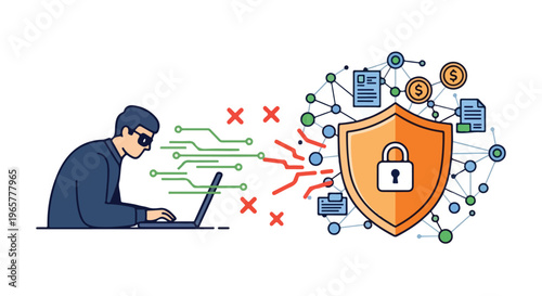 Illustration of a hacker attempting a cyber attack on a laptop with a shield and padlock protecting data in a flat 2D style with a business and financial security theme.