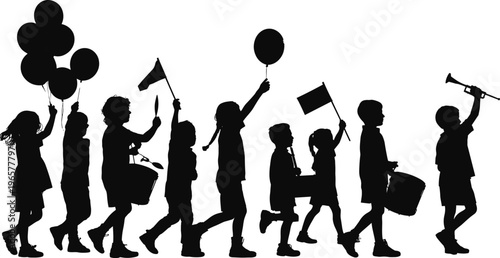 Black silhouette children parade with balloons, flags, and musical instruments in festive celebration, joyful kids marching together in unity illustration