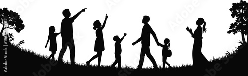 Black silhouette family with children walking outdoors on grassy terrain, trees framing scene, togetherness community unity nature lifestyle illustration
