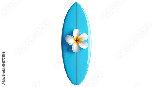 Overhead view of a vibrant blue surfboard, centered against a black background. A white plumeria flower rests atop it