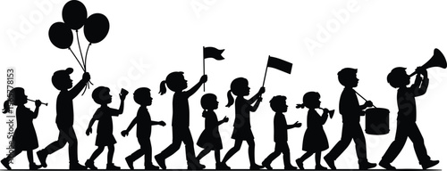 Joyful children parade silhouette with balloons, trumpet, drum, flags, celebration, festive kids marching procession vector illustration for stock content