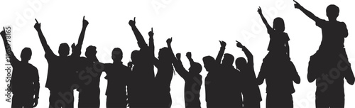 Group unity silhouette people raising arms children on shoulders pointing sky teamwork collective focus vector illustration for stock content design