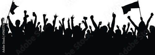Silhouette large crowd of people raising arms waving flags protest rally celebration unity vector illustration design energetic collective movement artwork