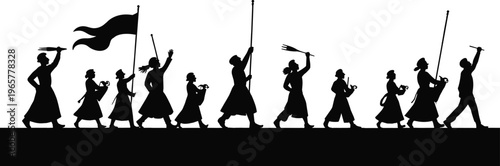 Silhouette group of people marching with flags banners protest unity collective action determination vector illustration design social movement artwork
