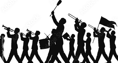 Silhouette marching band parade with trumpets, trombones, drums, flag bearer, baton leader, festive celebration, musical procession, ceremonial march