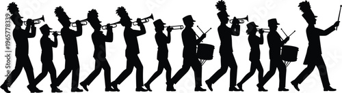Silhouette marching band musicians in uniform playing instruments with leader baton parade performance rhythm unity artistic vector illustration design