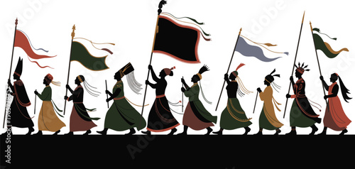 Traditional ceremonial procession with flags and banners, cultural attire silhouettes, unity parade, ritual celebration, symbolic march, festive heritage illustration