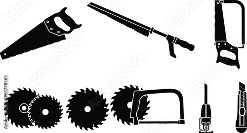 Black and white editable icon set hand tools collection saws blades and cutting instruments
