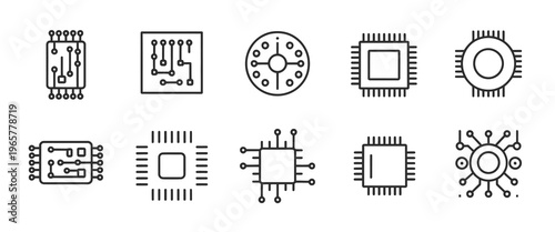 Collection of microchip and CPU icons for technology and electronics concepts.