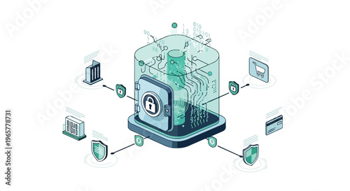 Flat 2D illustration of a cyber security shield protecting data on a computer with various devices and icons connected around it on a white background.