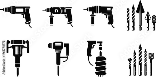 Black silhouette editable icon set power drills bits for construction diy and repair projects