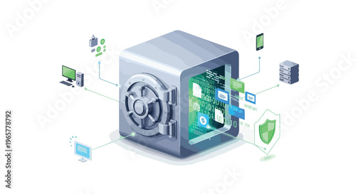 Flat 2D illustration of an open safe with cyber protection symbols and data transaction icons surrounding it, representing financial security and business data protection in a digital transaction.