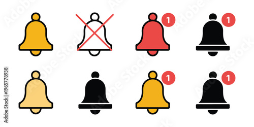 Diverse set of bell icons depicting states like ringing, muted, and unread messages with color variations.