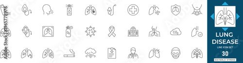 Lung disease line icon set featuring respiratory, asthma, cancer, breathing, cough, medical, and health. Professional editable vector illustration.
