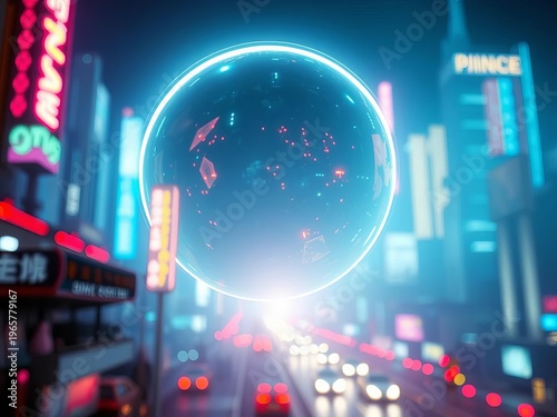 Orbital gyre gleams, a phantom beacon in electric haze, blurred city pulse,  ghost,  light trail
