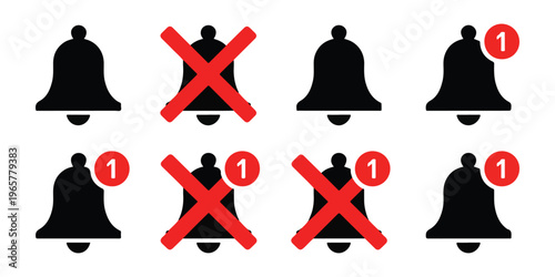 Black notification bell icon set displaying mute, alert, and new message status with bold red indicators.