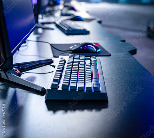 Professional esports setup: a dedicated computer station with high-performance gaming peripherals ready for a tournament.