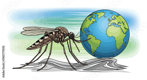 Large mosquito standing on earth globe. world malaria day illustration. global impact of mosquito-borne diseases concept
