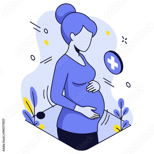 Abstract illustration of pregnant woman holding belly in blue tones