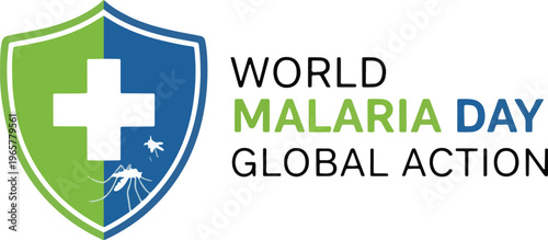 World malaria day global action shield icon. medical cross and mosquitoes. health awareness campaign